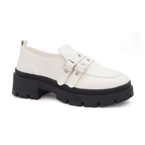 Yoki Simmons Lug Sole Loafers 2 Buckle Straps White Faux Leather Womens US10 NEW